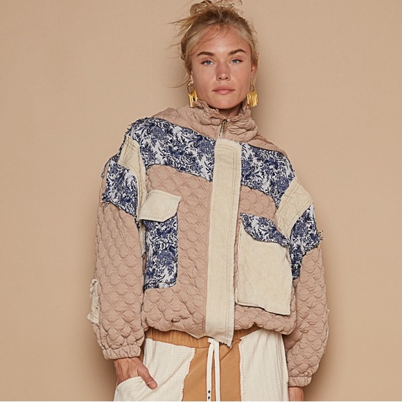 433. POL LAST 2! Jacket Coat Oversized Tan Quilted Jacquard hooded  Zip - Picture 1 of 5